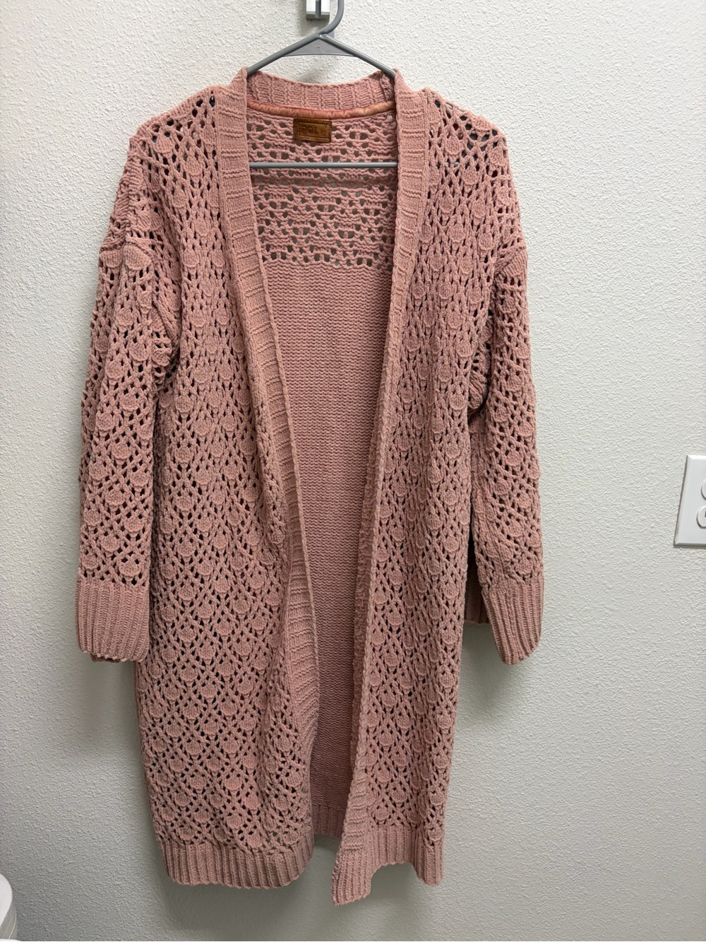 POL Open-Front Crochet Long Cardigan - Dusty Rose